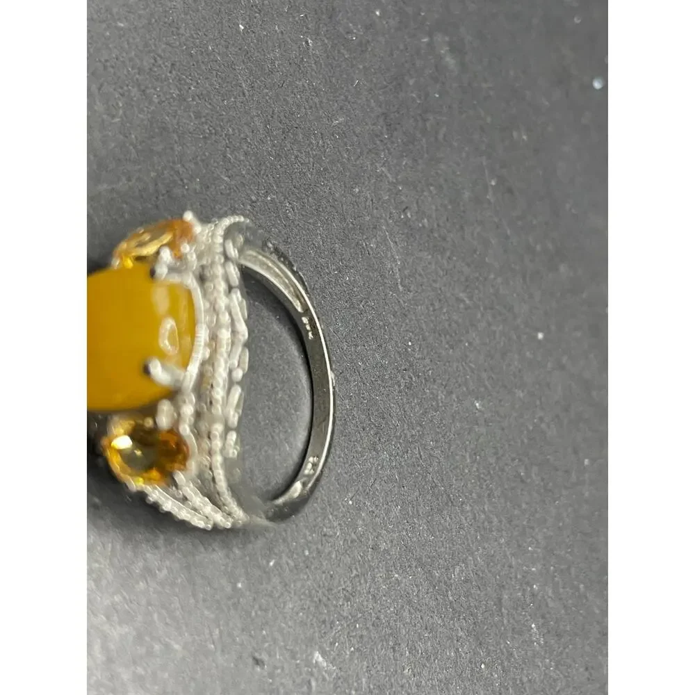 STS 925 Sterling Silver Yellow Stone Cabochon & Citrine Cocktail Ring Size 10